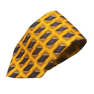 Vintage 90s Oscar de la Renta Silk Tie Gold Navy Geometric Abstract Necktie 3.75